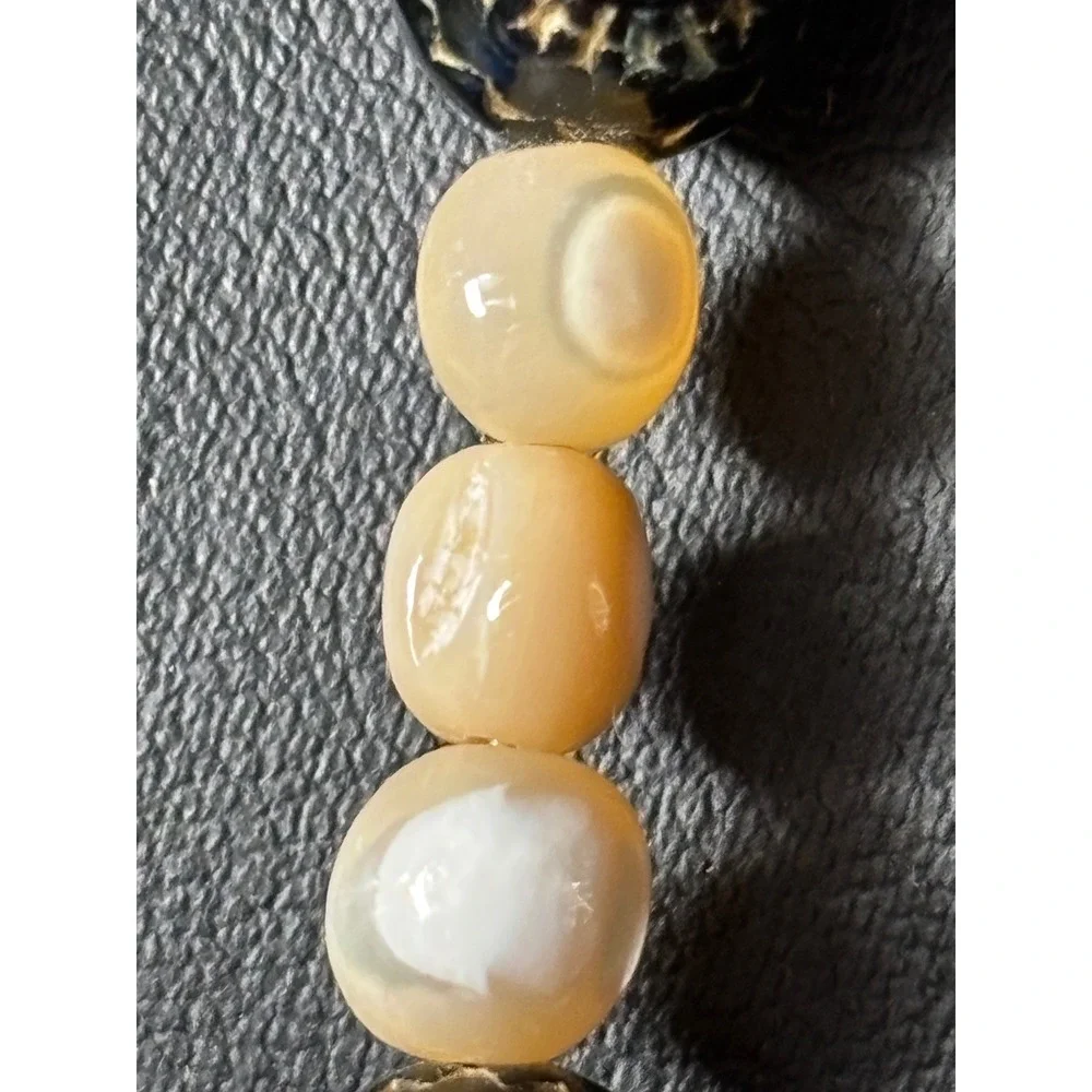 Vintage Boho Carved Geometric Bead‎ & Shell Strand Necklace Cream Black Tan